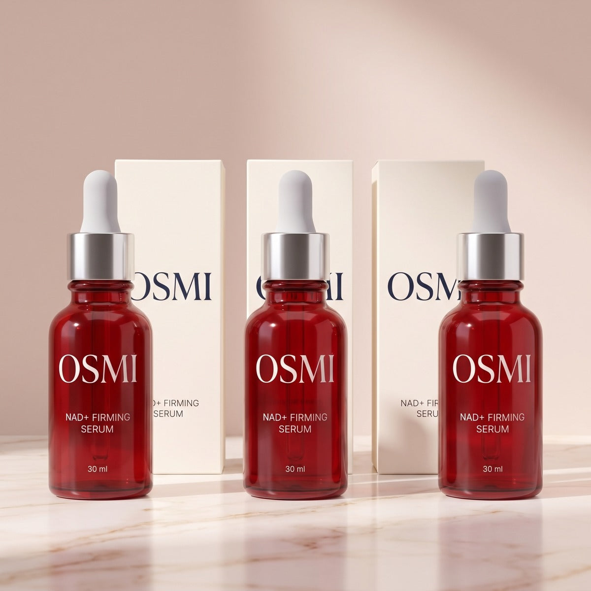 Three bottles of OSMI NAD+ Firming Serum