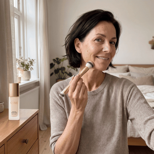 Kvinde påfører OSMI nuancetilpassende foundation 30 ml med børste