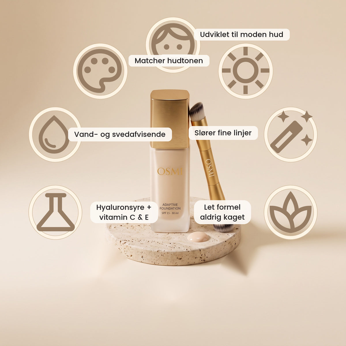 OSMI nuancetilpassende foundation 30 ml med SPF 15 og hyaluronsyre
